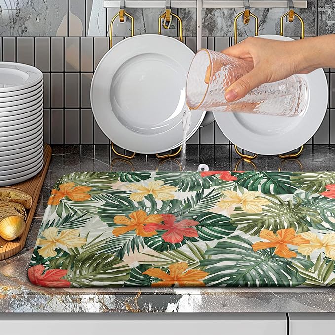 Tropical Palm Leaves Dish Drying Mat for Kitchen Counter Watercolor Flowers Leaf Drying Mat Dish Pads Reversible Absorbent Microfiber Dish Drainer Rack Mat for Countertop 18x24 Inch