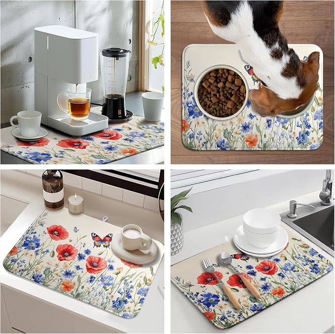 Patriotic Dish Drying Mats for Kitchen Counter 4th of July Kitchen Dishes Dryer Pad Red Blue Flowers Absorbent Dish Mat Microfiber Washable Foldable Reusable Large 18x24 in