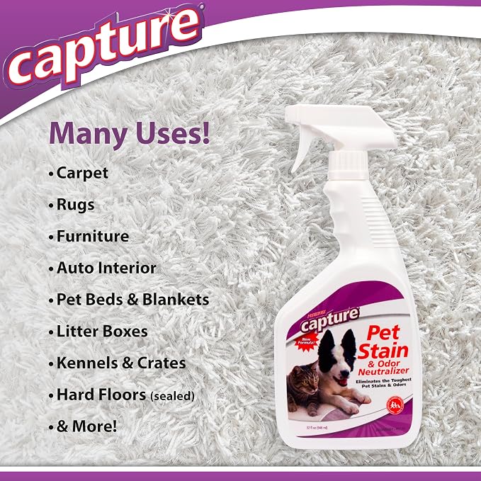 Capture Pet Stain & Odor Remover - Enzyme Pet Odor Eliminator for Home, Carpet Stain Remover for Cats & Dog Pee, Cat Urine Destroyer, Carpet Cleaner Spray - 32oz Spray Bottle