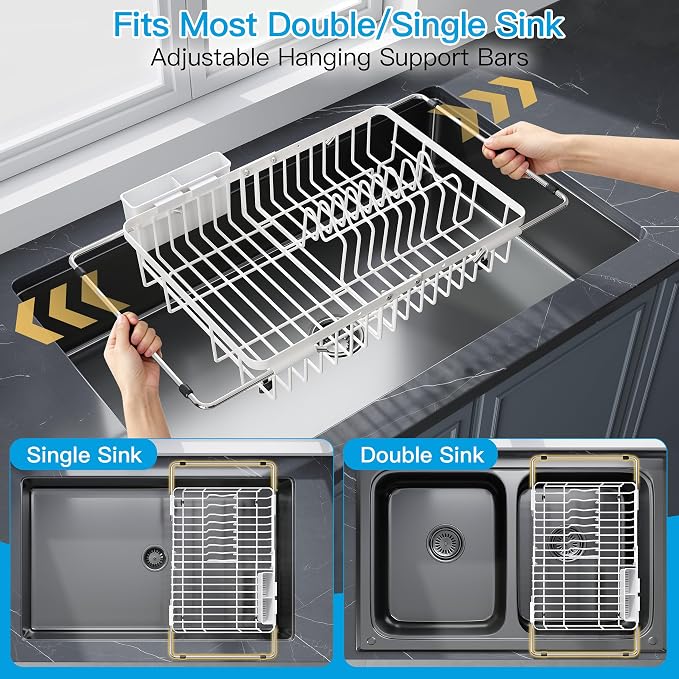 JASIWAY Expandable Stainless Steel White Dish Drying Rack Over The Sink for Small Kitchen, Counter Space Saving Compact Plate Drainer Strainer, Adjustable Hanging Metal Dish Dryer with Utensil Holder