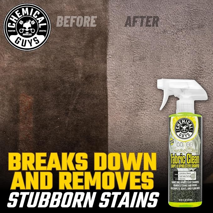 Chemical Guys, Citrus Fabric & Carpet Cleaner, Ready-to-Use Spray, 16 oz | Ready-to-use foaming spray lifts stains and odors from car seats, carpet and floor mats, safe on most fabrics