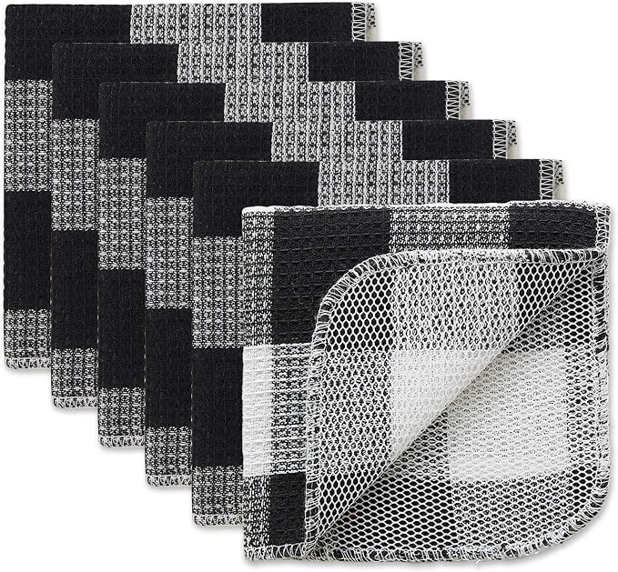 DII Scrubber Dishcloths Collection Windowpane Dishrag Set, 12x12, Black Buffalo Check, 6 Piece