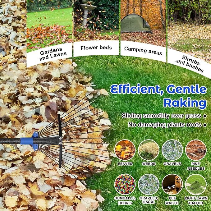 Garden Leaf Rake Set: 18 Tines Adjustable Rake, 2 Leaf Scoops, 32Gallon Leaf Bag, Metal Leaf Rakes with 8-17" Expandable Head, 60” Long Handle, Heavy Duty for Women Kids Lawn Yard Leaves Raking