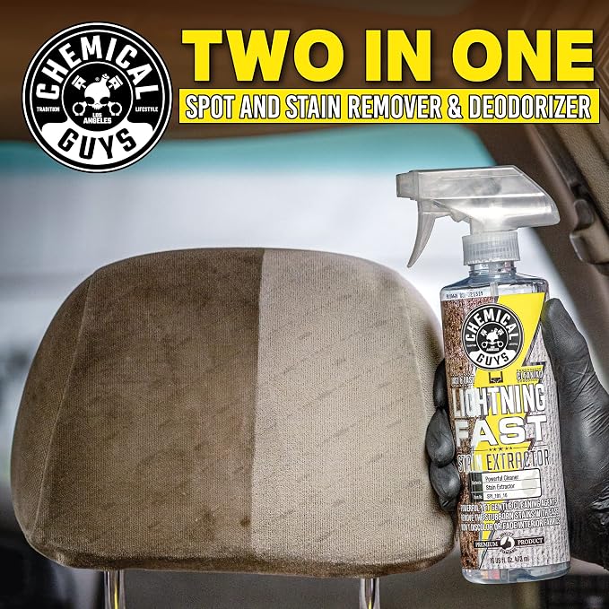 Chemical Guys, Lightning Fast Carpet & Upholstery Stain Extractor, 16 oz | Tackles coffee, soda, wine and pet messes on carpet, seats and mats, just spray, agitate and blot for a clean look