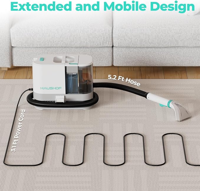 HAUSHOF Portable Carpet, Upholstery Cleaner Machine, 13Kpa Suction | Powerful Stain & Spot Remover, with Cleaning Solution, Deep Stain Cleaning for Carpet, Car Seats, Pets, Couches, Rug