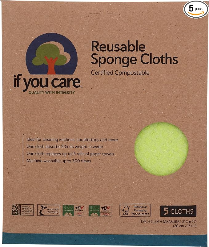 If You Care Sponge Cloths – 5 Count – 100% Natural Cleaning Rags for Kitchen, Bathroom, Home Countertop Surfaces – Absorbent, Reusable, Machine Washable, Compostable