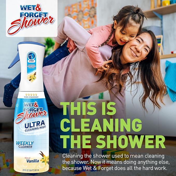 WET & FORGET Shower Ultra Cleaner Mist Vanilla Scent No-Scrub Weekly Bathroom Spray for Fiberglass, Tile, Glass, Grout & More, 1 Spray and 1 Refill, 20oz each