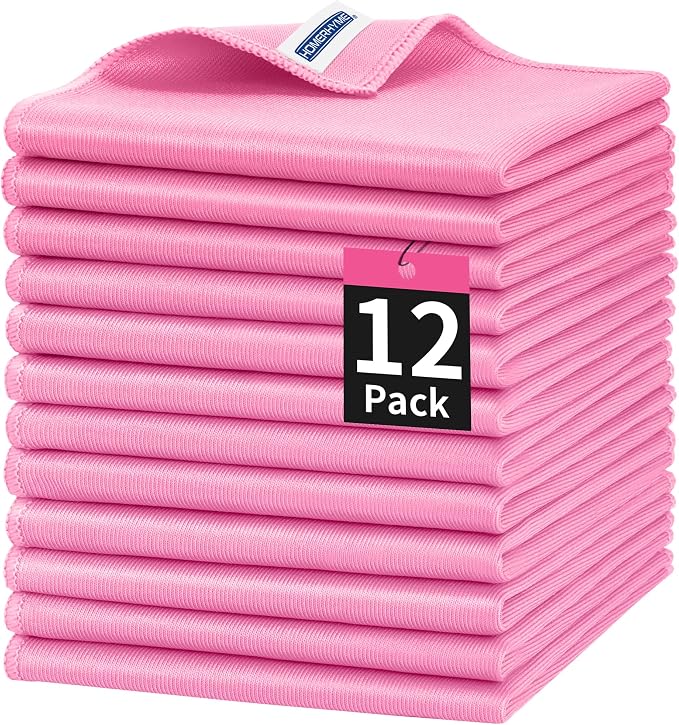 Microfiber Cleaning Cloth, 12 Pack Window Glasses Cleaning Cloth, Reusable Lint-Free Streak Free Polishing Cloth Wipes for Stainless Steel, Eyeglasses, Mirrors, Screens & Lenses,12"*12" Pink