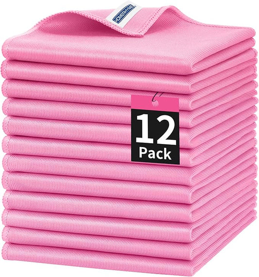 Microfiber Cleaning Cloth, 12 Pack Window Glasses Cleaning Cloth, Reusable Lint-Free Streak Free Polishing Cloth Wipes for Stainless Steel, Eyeglasses, Mirrors, Screens & Lenses,12"*12" Pink