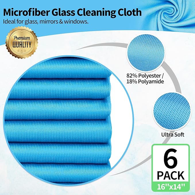 Microfiber Glass Cleaning Cloth, 6 Pack Window Glass Cleaning Rags, Reusable Lint-Free Streak Free Polishing Cloth Wipes for Stainless Steel, Eyeglasses, Mirrors, Screens & Lenses,16"x14"