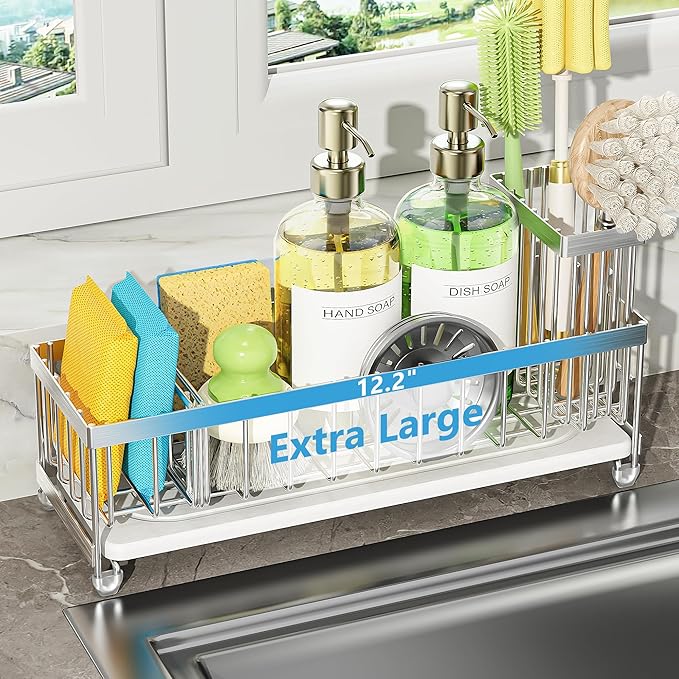 Cisily Extra Large Sink Caddy Organizer with Drying Stone, Silver Sponge Holder for Kitchen, Dish Brush Holder for Countertop, Kitchen Decor Storage and Essentials