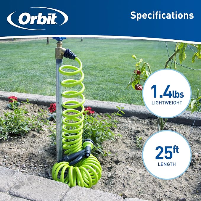 Orbit 26380 Coil Garden Hose, 25 Feet, with 8-Pattern Hose Nozzle (Green)