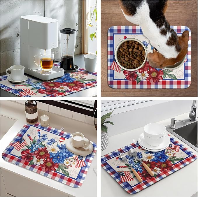 Patriotic Floral Dish Drying Mats 4th of July Flowers Dish Mat Blue Red Firework Drying Matt Dishes Dryer Pad for Kitchen Counter Absorbent Microfiber Washable Foldable Reusable 18x24 in