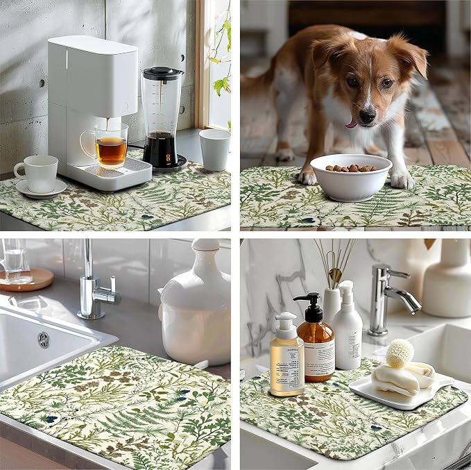 Sage Green Botanical Floral Dish Drying Mat for Kitchen Counter Vintage Herbs Fern Leaves Plant Drying Mats Absorbent Microfiber Dishes Drainer Mats Washable Dish Draining Pad Extra Large 18"x24"