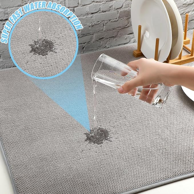 Hushee 2 Pack Extra Large Dish Drying Mat Microfiber Absorbent Dish Drying Pad Large Size Dishes Drainer Mats for Countertop, Sink, Refrigerator or Dryer (30 x 24 Inch,Gray)