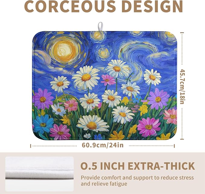 Spring Summer Daisy Floral Dish Drying Mats Spring Flowers Dish Mat Drying Matt Starry Sky Dishes Dryer Pad for Kitchen Counter Absorbent Microfiber Washable Foldable Reusable 18x24 in