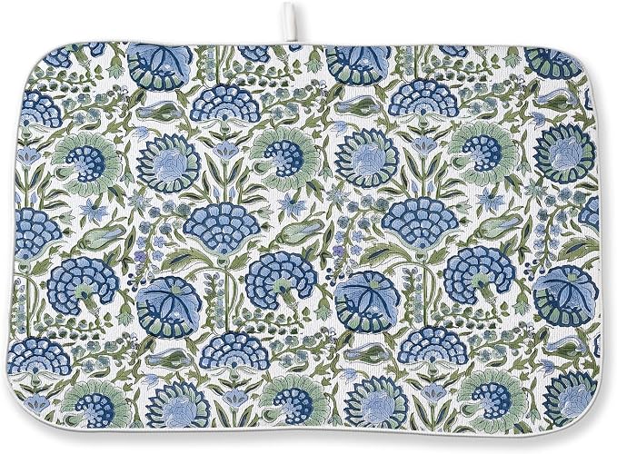 Boho Navy Blue Sage Green Dish Drying Mat 18x24 Inch Vintage Floral Drying Mat Chinoiserie Flower Spring Summer Absorbent Dish Drying Pad Dish Rack Drainer Mats for Kitchen Dining Counter