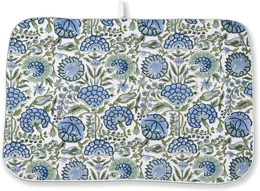 Boho Navy Blue Sage Green Dish Drying Mat 18x24 Inch Vintage Floral Drying Mat Chinoiserie Flower Spring Summer Absorbent Dish Drying Pad Dish Rack Drainer Mats for Kitchen Dining Counter
