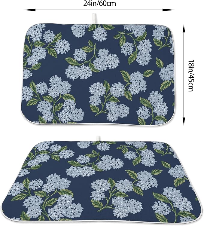 Spring Dish Drying Mat 18x24 Inches For Kitchen Counter Absorbent Blue Hydrangea Floral Kitchen Decoration Summer Flower Drying Mat Pad For Home Kitchen,Dining Room,Office Decor