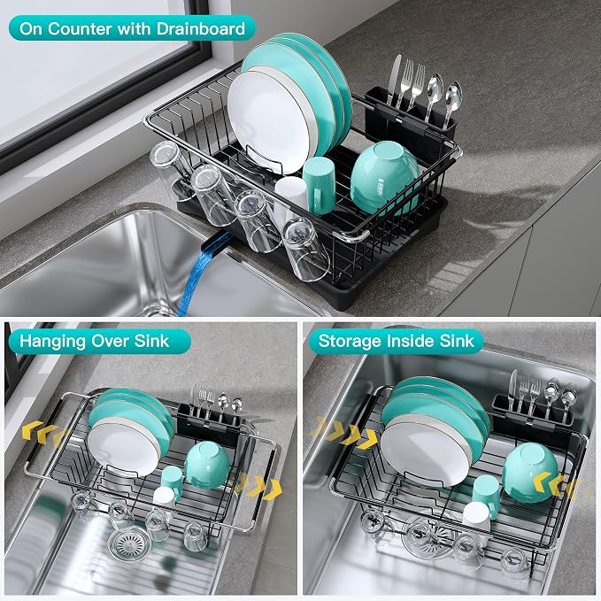 JASIWAY Black Sink Dish Drying Rack with Drainboard, Expandable Stainless Steel Dish Drainers for Kitchen Counter, Space Saving Dish Dryer Rack, Over The Sink Dish Racks with Utensil Holder