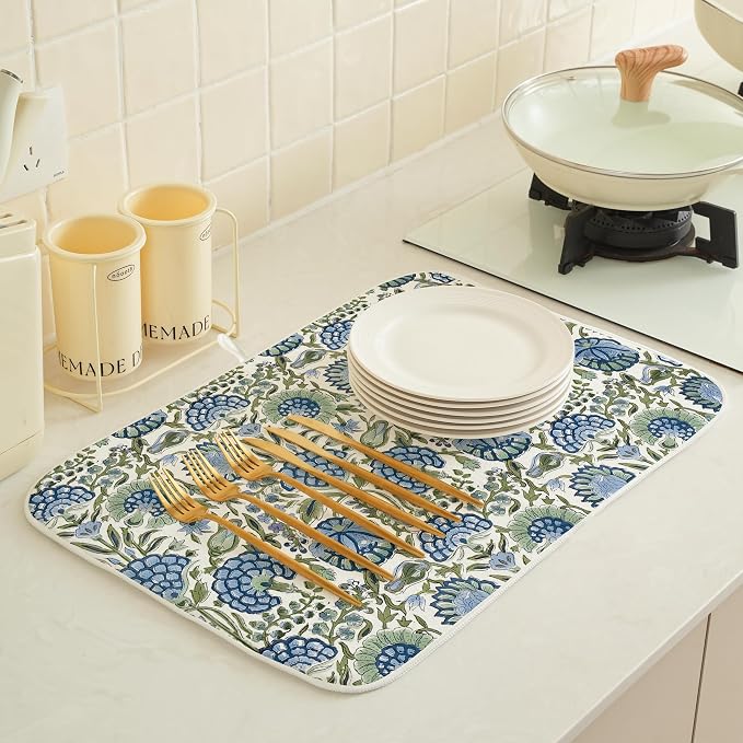 Blue Sage Green Floral Dish Drying Mats 18x24 Inch Sage Green Block Print Flower Holiday Kitchen Decor Absorbent Drying Pad Rack Drainer Mats for Kitchen Dining Room Counter