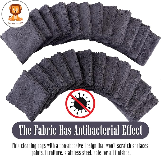 Sunny zzzZZ 24 Pack Kitchen Dishcloths - Does Not Shed Fluff - Reusable Dish Towels, Dish Cloths, Super Absorbent Coral Fleece Cleaning Cloths, Nonstick Oil Washable Fast Drying, 10 x 10 Inch (Grey)
