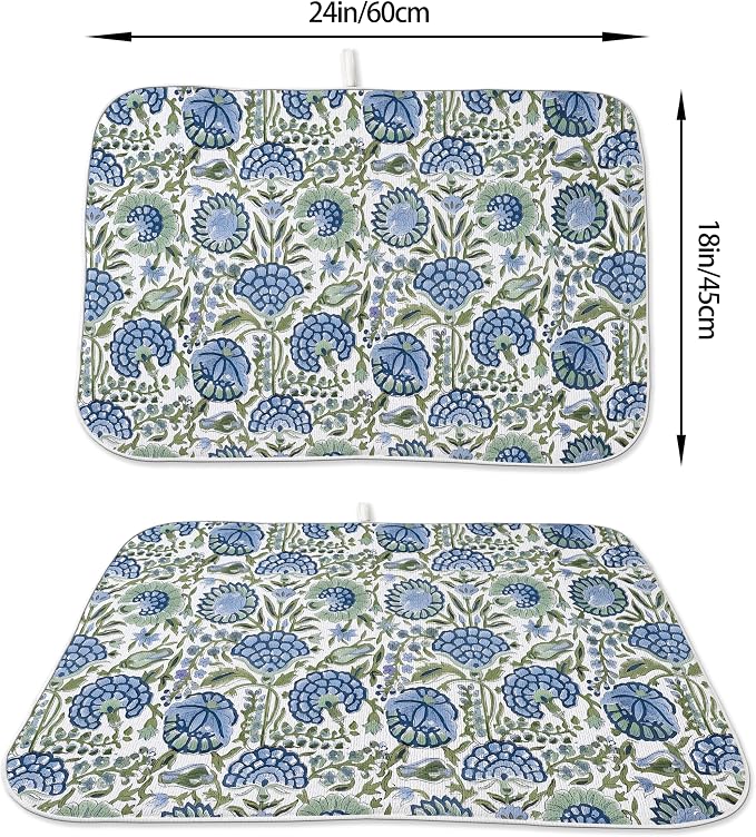Floral Dish Drying Mat 18x24 Inches For Kitchen Counter Absorbent Block Print Flower Kitchen Decoration Boho Floral Drying Mat Pad For Home Kitchen,Dining Room,Office Decoration