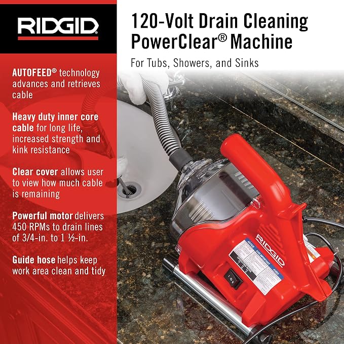 RIDGID 55808 PowerClear 120-Volt Drain Cleaning Machine Kit for Tubs, Showers, and Sinks, Drain Cleaner Machine Kit with AUTOFEED, Inner Core Cable, and Guide Hose