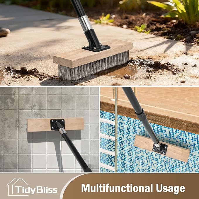TidyBliss Stainless Steel Wire Scrub Brush with Long Handle, Heavy Duty Stiff Metal Broom Scrubber, Outdoor Moss Removal for Concrete Floor, Deck, Garden, Patio, Roof, Brick, Garage, Swimming Pool
