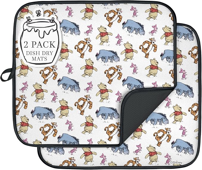 Disney Dish Drying Mats for Kitchen Counter (2 Pack) – 16" x 18" Absorbent Kitchen Drying Mats for Dishes – Mickey & Minnie, Winnie the Pooh, & Stitch Dish Mats