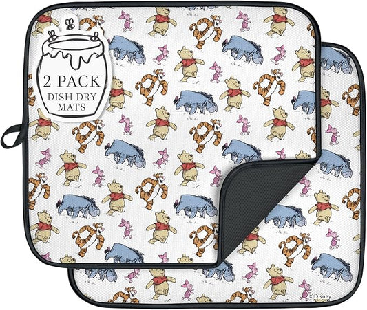 Disney Dish Drying Mats for Kitchen Counter (2 Pack) – 16" x 18" Absorbent Kitchen Drying Mats for Dishes – Mickey & Minnie, Winnie the Pooh, & Stitch Dish Mats