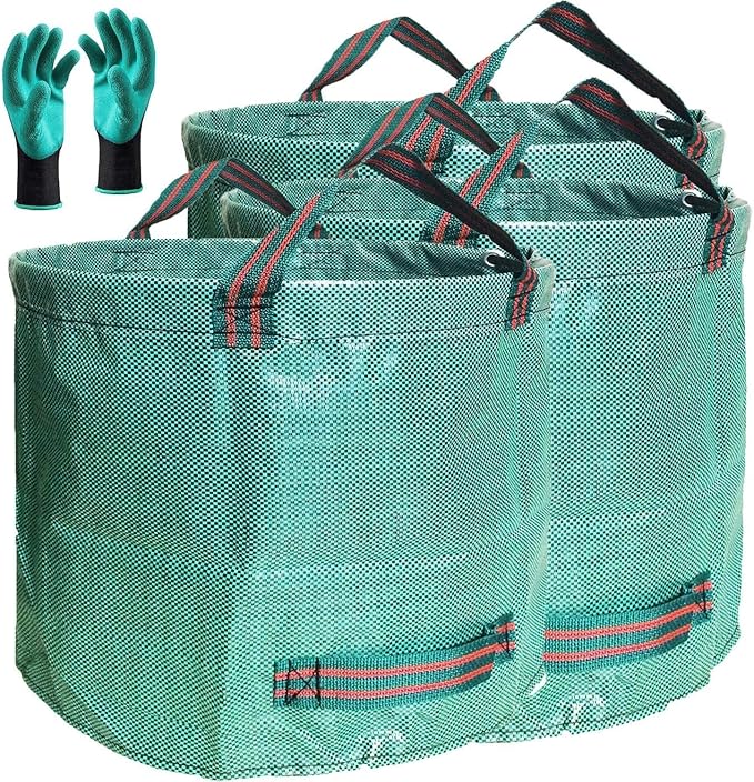 Professional 3-Pack 137 Gallon Extra Large Lawn Garden Bags (D34,H34 in) Reusable Yard Waste Bags with Gardening Gloves for Big Leaf Bag,Lawn Weeds,Grass Clippings Bag,Yard Debris Containers 4 Handles