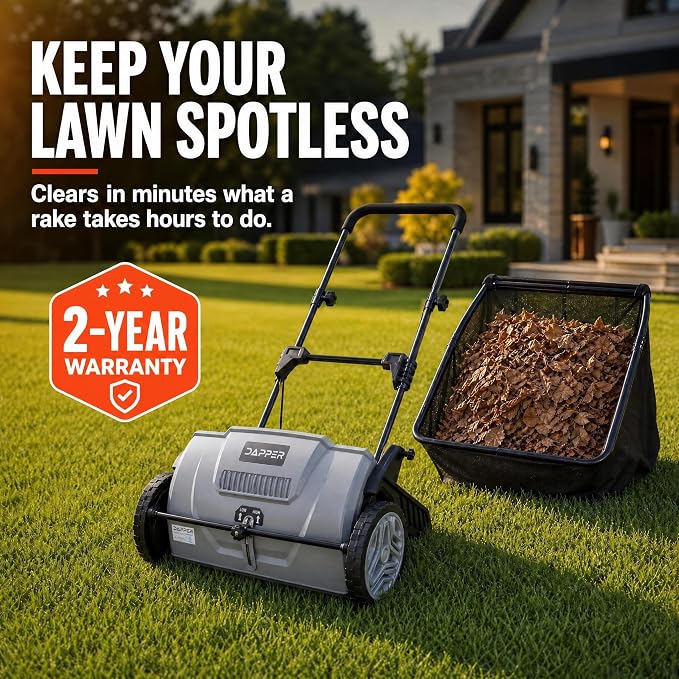 Dapper Supply 21" Push Lawn Sweeper (Also 22" & 26"), Leaf & Grass Collector, 3.5 Cu Ft Non-Woven Bag, Tool-Free Height Adjust, Folds for Wall Storage
