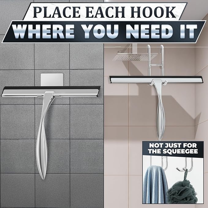 Shower Door Squeegee with Hook, 12" Silicone Blade, Steel (Silver) | Squeegee for Shower Glass with Adhesive Mount; All-Purpose Bathroom Tile, Mirror, & Window Wiper for Streak-Free Cleaning