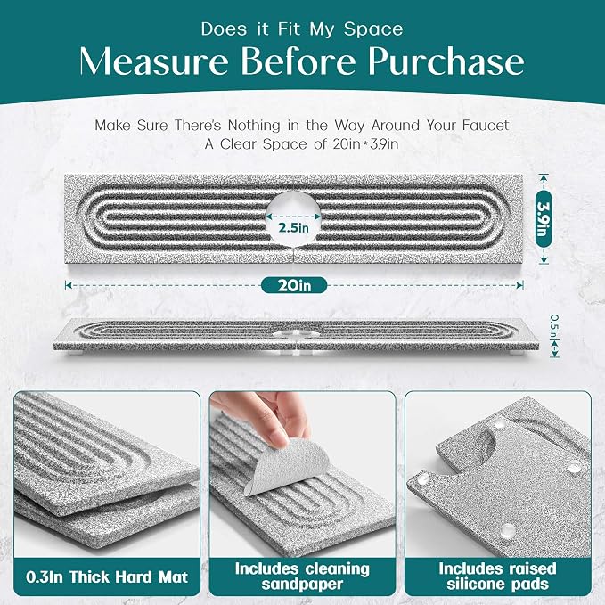 Stone Faucet Mat for Kitchen Sink, Diatomite Stone Drying Mat for Kitchen Counter, 2026 Upgraded Dishwasher-Safe & Ultra Absorbent, Food-Grade Stone Dish Drying Mat for Bottles & Utensils (20" x 3.9")
