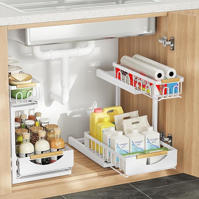 Under Sink Organizer and Storage for Bathroom and Kitchen - 2 Pack 2 Tier Under Cabinet Pull Out Shelf Organizers - Slide Out Drawer Organization for Home Cabinets Shelves and Drawers