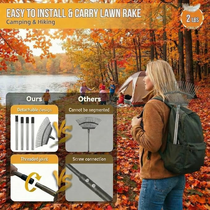 Metal Bow Leaf Rake with 25 Steel Teeth & 68" Stainless Steel Handle | 20" Wide Head, 3 Height Settings, Dethatching & Lawn Care, For Leaves Debris & Mulch, Tool-Free Assembly, Easy Storage