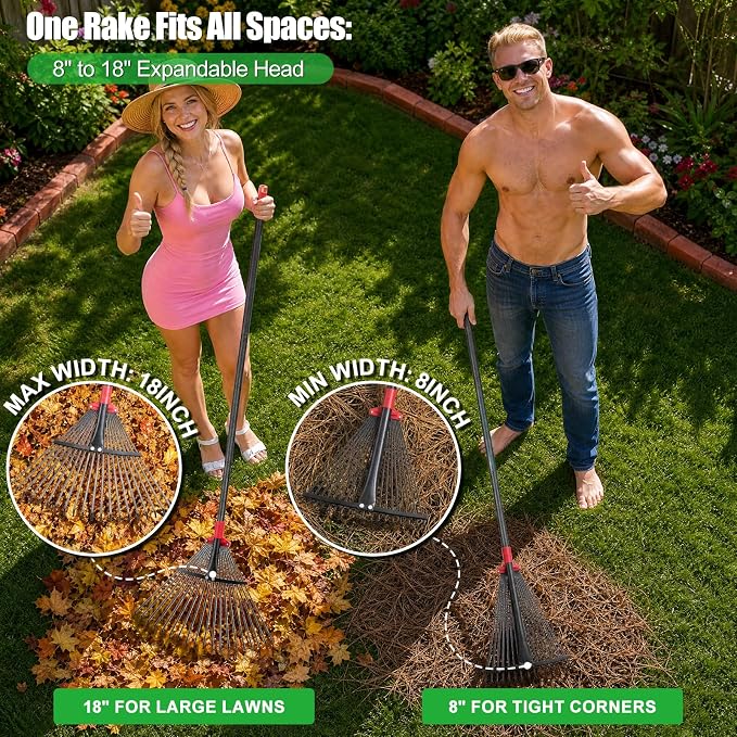 76Inch Adjustable Metal Leaf Rake, 18 Metal Tines Heavy Duty Leaves Rake for Lawns with 8-18" Expandable Head Long Handle Garden Rakes for Women Kids Leaves Yard Gardening Grass Outdoor Camping Debris