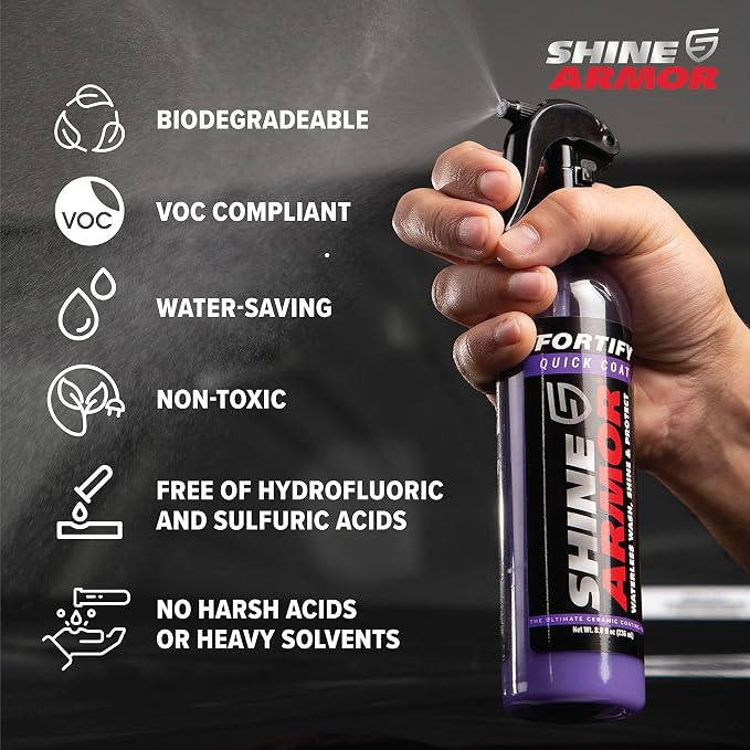 SHINE ARMOR Fortify Quick Coat - 8oz Ceramic Waterless Detailer Spray | 3-in-1 Wash, Wax & Nano-Ceramic Coating | Mirror Shine, Zero Streaks, No Dust Residue | 6-12 Month Protection | Made in USA | 8 Fl Oz - Waterless Wash, Wax and SiO2 Sealant Adds Sl...