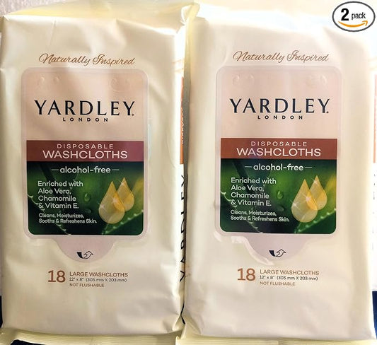 2 pack, Bundle,Yardley London naturally inspired disposable washcloths alcohol free enriched with aloe Vera chamomile and vitamin E cleans moisturizes sooths and refreshes the skin