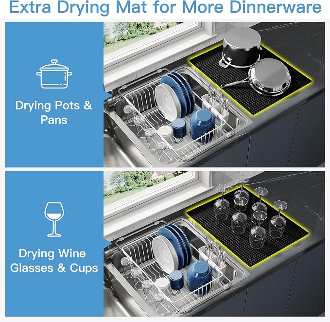 JASIWAY White Dish Drying Rack in Sink with Mat, Expandable Stainless Steel Dish Drainers for Kitchen Counter, Space Saving Dish Dryer for Inside Sink, Over Sink Dish Racks with Utensil Holder