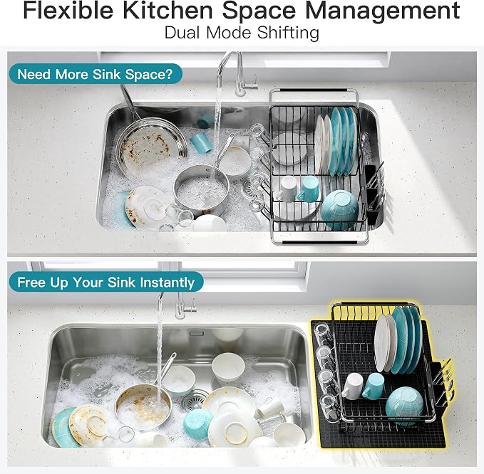 JASIWAY Black Dish Drying Rack in Sink with Mat, Expandable Stainless Steel Dish Drainers for Kitchen Counter, Space Saving Dish Dryer for Inside Sink, Over Sink Dish Racks with Utensil Holder