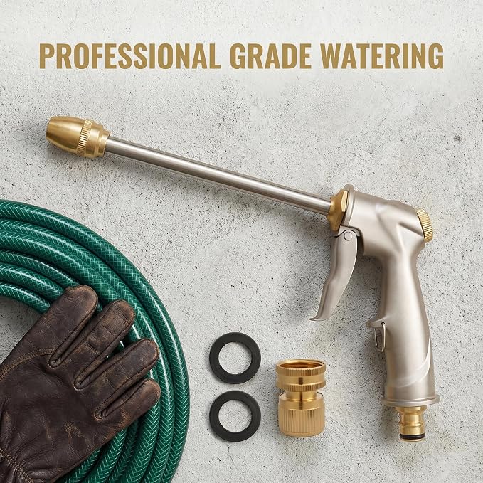 Garden hose nozzle spray, heavy metal high-pressure water gun, rotating can obtain different types of spray, watering plants and lawn, car washing, yard and pets (Long nozzle set)