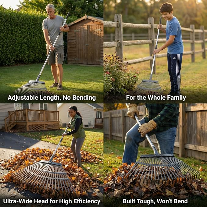 Metal Bow Leaf Rake with 25 Steel Teeth & 68" Stainless Steel Handle | 20" Wide Head, 3 Height Settings, Dethatching & Lawn Care, For Leaves Debris & Mulch, Tool-Free Assembly, Easy Storage