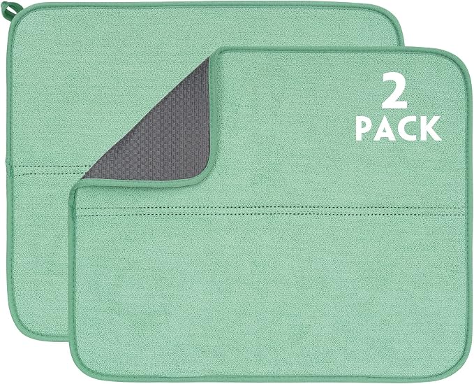 FRESHMNIT Dish Drying Mat for Kitchen Counter, 2 Pack Microfiber Absorbent Dish Drying Mats, 14" x 17" Dish Drying Pad, Dishes Drainer Mat for Countertops or Sink