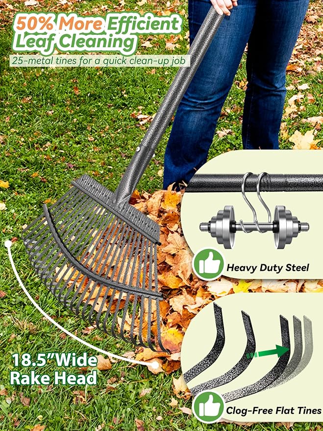 Garden Rake for Leaves Lawns, 3-in-1 Gardening Tools Set with 5 ft Metal Rake, Leaf Scoops Hand Claws, 32 Gallon Reusable Yard Waste Bag, Heavy Duty 25-Tine Rakes for Quick Pick Up, Clear n Collect