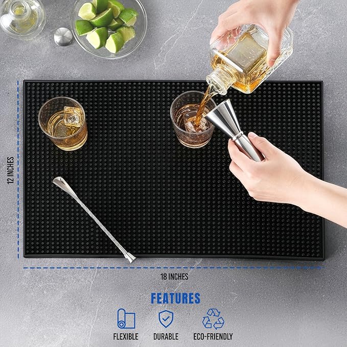 Standard Bar Counter Mats Set of 2, 18 x 12 Inch Rubber Non Skid Bar Top & Coffee Station Drying Mats, Spill Catcher Mats for Bartenders, Restaurants & Kitchen Counters (Black)