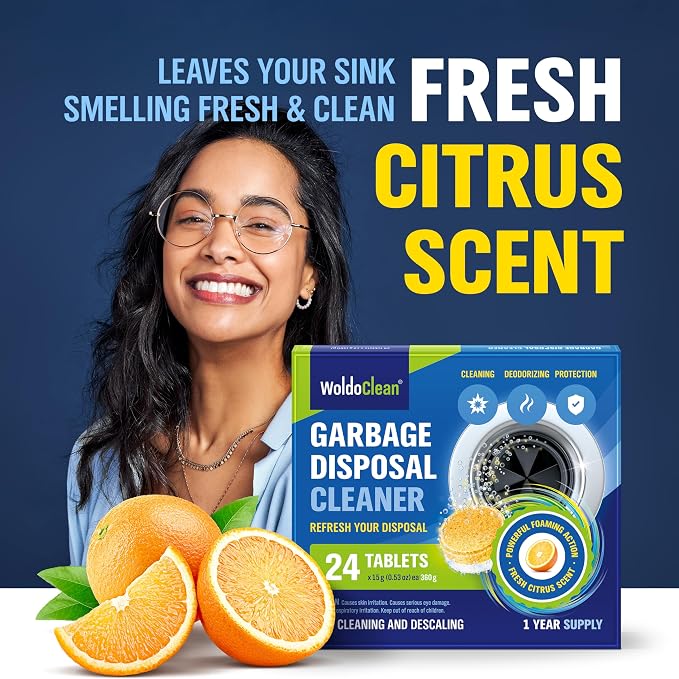 WoldoClean Garbage Disposal Cleaner Tablets 24 Pack - Citrus Deodorizer | Foaming sink drain freshener tabs, kitchen smell eliminator, odor remover