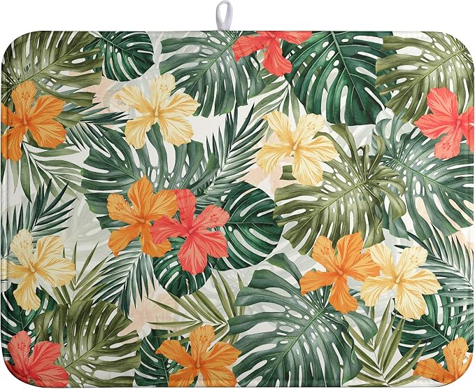 Tropical Palm Leaves Dish Drying Mat for Kitchen Counter Watercolor Flowers Leaf Drying Mat Dish Pads Reversible Absorbent Microfiber Dish Drainer Rack Mat for Countertop 18x24 Inch
