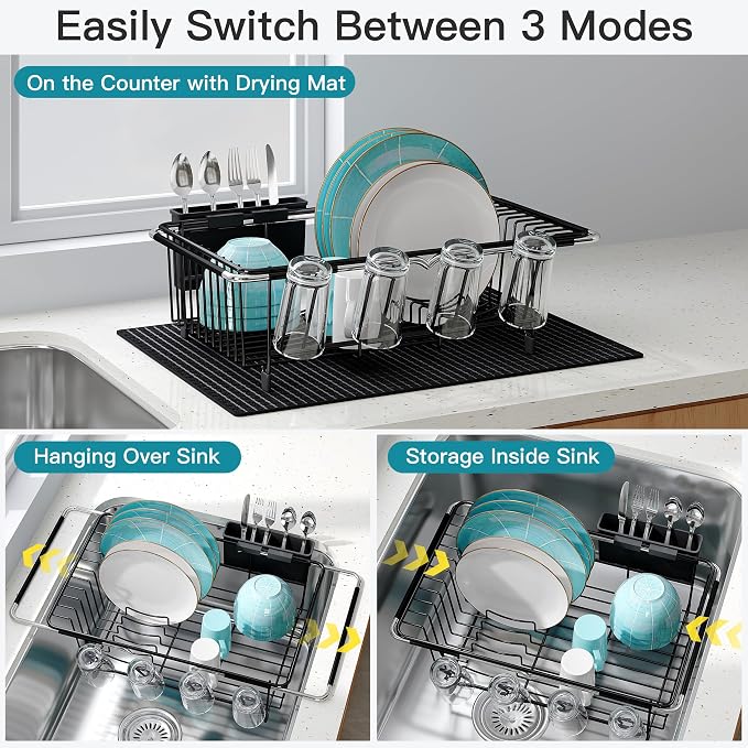 JASIWAY Black Dish Drying Rack in Sink with Mat, Expandable Stainless Steel Dish Drainers for Kitchen Counter, Space Saving Dish Dryer for Inside Sink, Over Sink Dish Racks with Utensil Holder